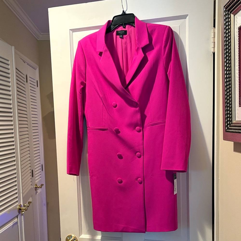 Tahari ASL Fuchsia Long Sleeve Double Breasted Coat Dress